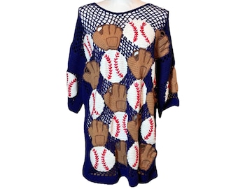 Vintage Berek2 Cotton Crochet Sweater Baseball Glove Novelty Size M/L Blue