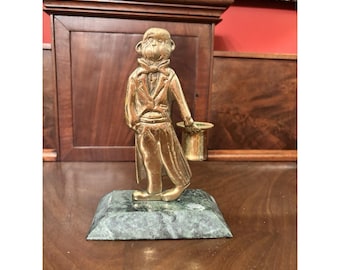 Vintage Brass Monkey Figural Candle Holder Butler w/ Top Hat Marble Base 7"