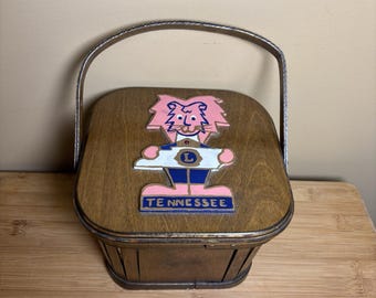 Caro-Nan Hand Painted Wooden Basket Purse Tennessee Lions Club Logo Vintage