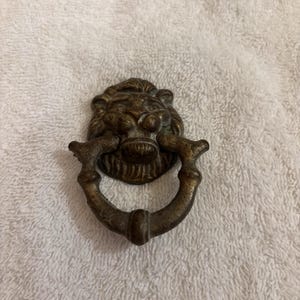 Könnte beinhalten: Ein Türklopfer aus messingfarbenem Metall mit einem skulptierten Löwenkopf, der eine detaillierte Mähne und Gesichtszüge aufweist. Der Klopfer besitzt einen kreisförmigen, strukturierten Ring, der aus dem Maul des Löwen hängt und eine gealterte Patina zeigt.
