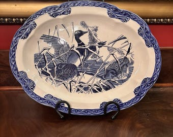 Vintage Japanese Transferware Duck Landscape Serving Platter Blue White Oval 18"