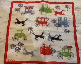 May include: A vintage handkerchief with a red border and a repeating pattern of horse-drawn carriages, castles, and trees in various colors. The handkerchief has the text "Pat Richard" in the bottom left corner.