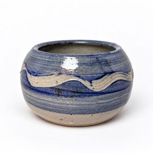 Vintage Signed Studio Pottery Bowl Blue Gray Stoneware Wave Design 4" Handmade