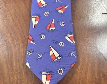 Vintage Polo Ralph Lauren Silk Tie Nautical Sailboat Anchor Blue Red USA Made