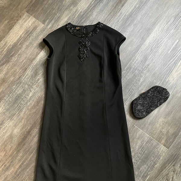 Vintage 1960's Little Black Dress by Colette / Shift Dress / Beaded Dress