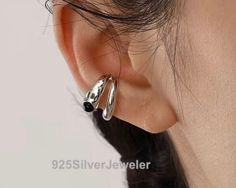 925 Silver Natural Black Onyx Ear Cuff/ Bold Ear Cuff/ Minimalist Natural Crystal Earrings