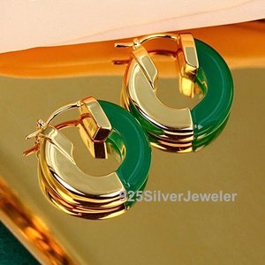 Bold French Hoop Earrings Natural Green Onyx/ 18k Gold Plated Hoop Earrings/ 925 Silver Chunky Hoop Earrings
