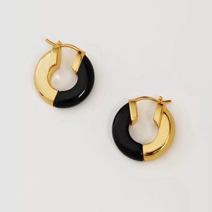 Bold French Hoop Earrings Natural Black Onyx/ 18k Gold Plated Hoop Earrings/ 925 Silver Chunky Hoop Earrings
