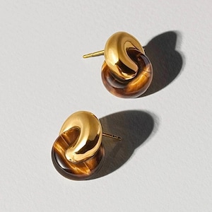 Tiger Eye Bold Link Stud Earrings/ 925 Sterling Silver 18k Gold Vermeil