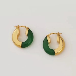 Bold French Hoop Earrings Natural Green Onyx/ 18k Gold Plated Hoop Earrings/ 925 Silver Chunky Hoop Earrings