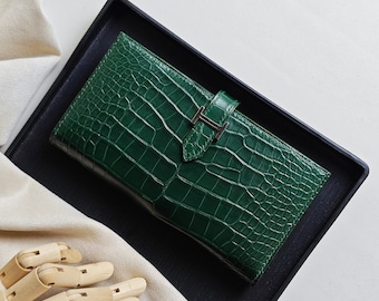 Personalized Alligator Leather Long Wallet: Green Alligator