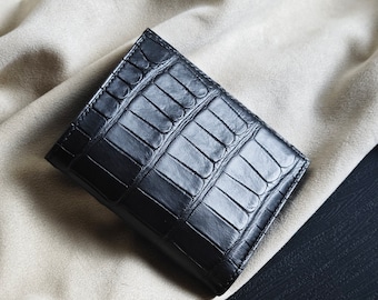 Alligator Leather Bifold Wallet, Brown Epsom Interior, Engraved Wallet