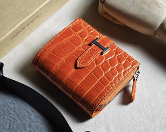 Personalized Alligator Leather Bifold Wallet: Engraved Epsom Leather Interior
