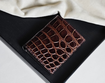Personalized Alligator Leather Bifold Wallet: Engraved Brown