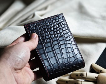 Alligator Leather Bifold Wallet: Engraved Money Clip, Black Epsom Interior