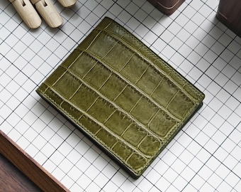 Personalized Alligator Leather Wallet, Engraved Bifold, moss green