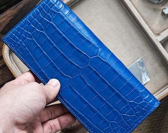 Personalized Alligator Leather Long Wallet: Blue Alligator