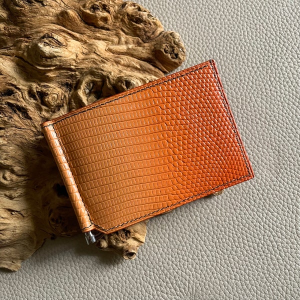 Orange Leather Lizard Men Bifold Money Clip Wallet/ Gifts for him/ Birthday gifts for men/women