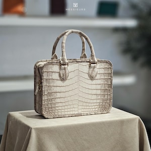 Himalaya Leather Bag: Engraved White Top Handle Bag