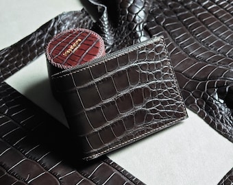 Personalized Alligator Leather Wallet, Brown Bifold, Gift for Dad