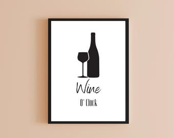 Minimalist Wine Art Print, Black and White Kitchen Decor (Digital Download)
