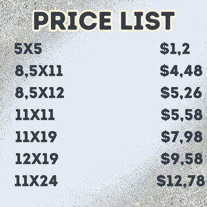 Peut inclure: Une liste de prix pour diff&eacute;rentes tailles d'impressions sur toile. Les prix sont indiqu&eacute;s en euros. Les tailles sont indiqu&eacute;es en pouces. 5x5 est 1,20 &euro;, 8,5x11 est 4,48 &euro;, 8,5x12 est 5,26 &euro;, 11x11 est 5,58 &euro;, 11x19 est 7,98 &euro;, 12x19 est 9,58 &euro; et 11x24 est 12,78 &euro;.