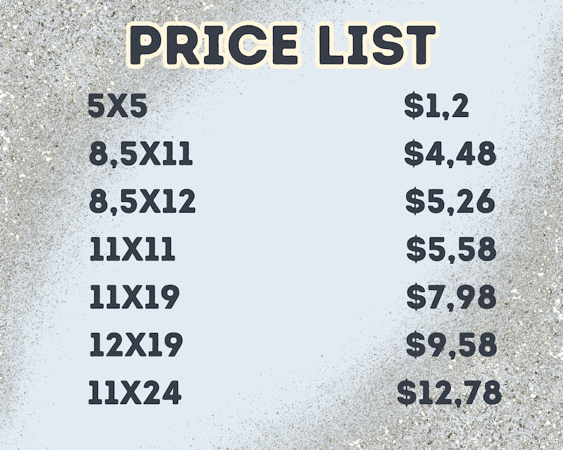 Peut inclure: Une liste de prix pour diff&eacute;rentes tailles d'impressions sur toile. Les prix sont indiqu&eacute;s en euros. Les tailles sont indiqu&eacute;es en pouces. 5x5 est 1,20 &euro;, 8,5x11 est 4,48 &euro;, 8,5x12 est 5,26 &euro;, 11x11 est 5,58 &euro;, 11x19 est 7,98 &euro;, 12x19 est 9,58 &euro; et 11x24 est 12,78 &euro;.