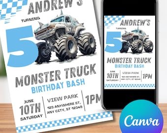 Monster-Truck-Party einladen | Blauer LKW-Einladung | Monstertruck-Geburtstagseinladung | Kindergeburtstag