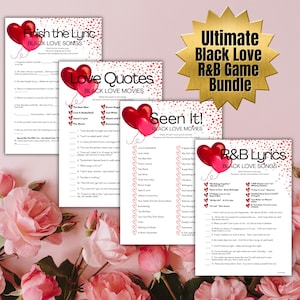 May include: A printable game bundle for a Black Love themed party. The bundle includes four different games: Finish the Lyric, Love Quotes, Seen It!, and R&B Lyrics. Each game features a black and white design with red hearts and a black balloon.