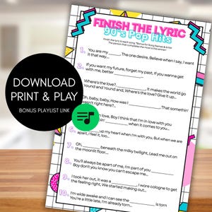 Finish The Lyrics - 90&#39;s Pop Hits | Printable Party Game | Instant Download