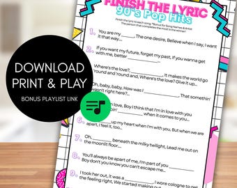 Termina la letra - Éxitos del pop de los 90 / Juego de fiesta imprimible / Descarga instantánea