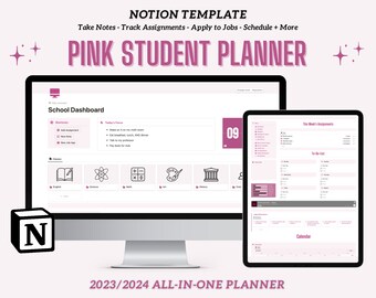 Student Notion Template | Notion Template 2023-2024 | Notion Planner | Pink Aesthetic School Planner | Notion Template Student Planner