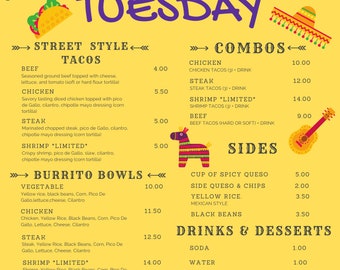 Editable Taco Tuesday Restaurant Menu, Promo Flyer
