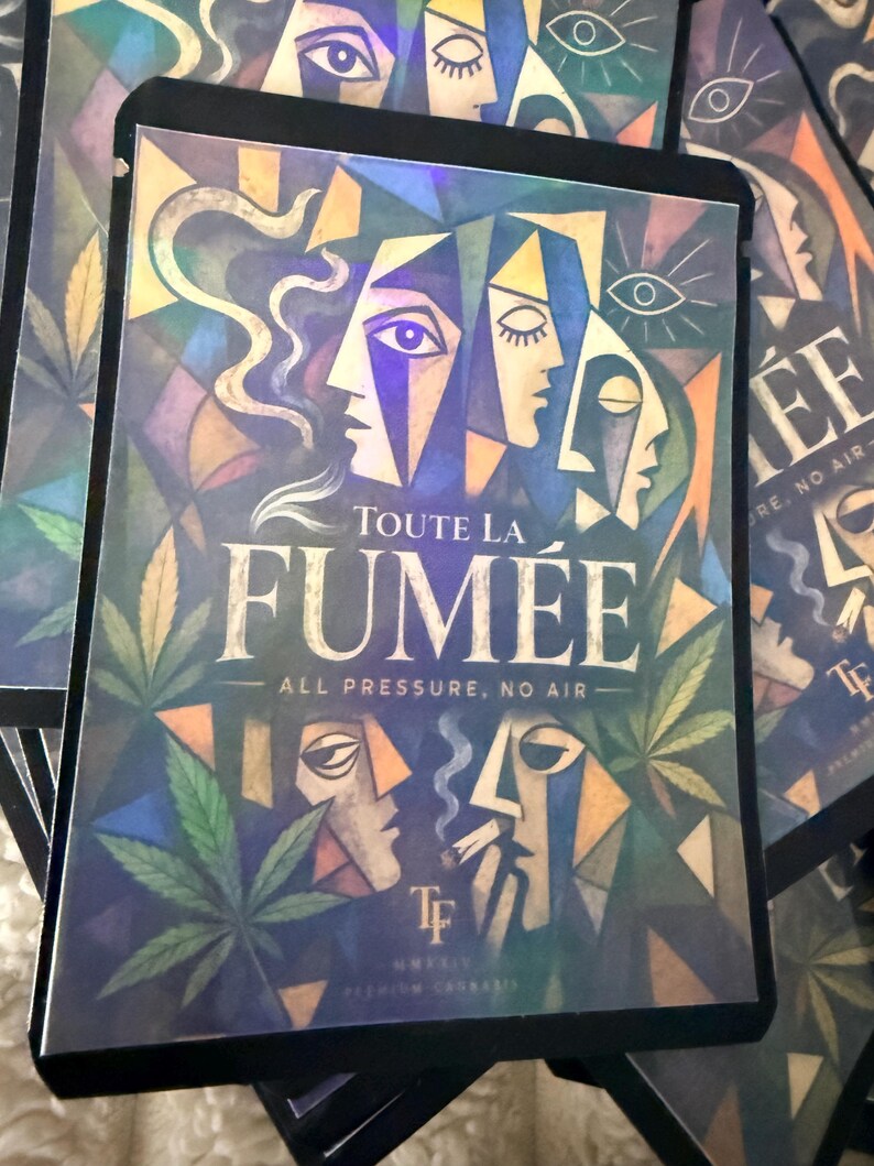 May include: A rectangular product pouch featuring a colorful cubist-style illustration of multiple faces and cannabis leaves. The text reads TOUTE LA FUM&Eacute;E, ALL PRESSURE, NO AIR, and TF MMXIV PREMIUM CANNABIS. The design uses blue, green, and gold tones.