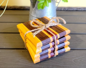 Handmade Wooden Coaster Set | Cork Bottom | Exotic Wood | Walnut, Padauk, Yellowheart | 4"x4" | Housewarming Gift | Set of 4 Coasters