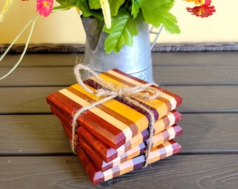 Handmade Wooden Coaster Set | Cork Bottom | Exotic Wood | Purpleheart, Padauk, Yellowheart | 4"x4" | Housewarming Gift | Set of 4 Coasters