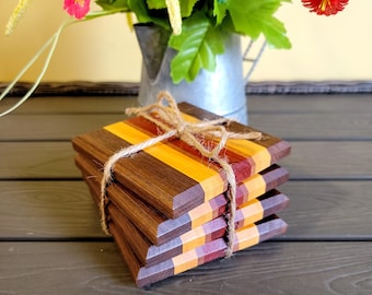 Handmade Wooden Coaster Set | Cork Bottom | Exotic Wood | Walnut, Padauk, Yellowheart | 4"x4" | Housewarming Gift | Set of 4 Coasters