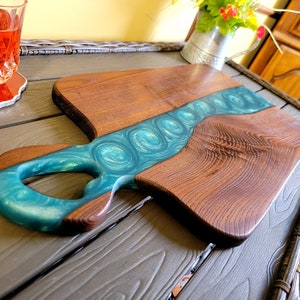 Large Epoxy Live Edge Wood Charcuterie Board | Handle | Serving Tray | Cutting Board | Roasted Ash | Epoxy River | OdiesOil | 23&quot;x11.5&quot; Gift
