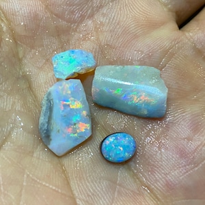 May include: A collection of opals in various shapes and sizes, showcasing a spectrum of colors. The opals range from rough, uncut pieces to a polished oval, all displaying iridescent flashes of blue, green, and orange hues. The stones are set against a neutral background.