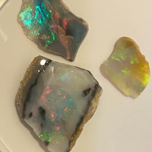 May include: Three raw opal gemstones with iridescent color flashes. The opals display a variety of colors, including green, blue, red, and yellow. The stones have rough, natural edges and are set against a white background.