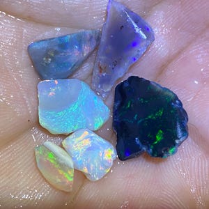 May include: A collection of raw opal gemstones in various shapes and sizes. The opals display a range of colors, including blue, green, and iridescent flashes. The gemstones are held in a hand, showcasing their natural beauty.