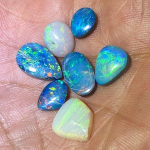 May include: A collection of seven loose, polished opals of varying shapes and sizes. The stones display vibrant flashes of blue, green, and yellow iridescence against both dark and light backgrounds, showcasing natural color play and smooth surfaces.