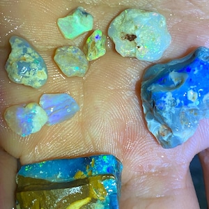 May include: A collection of rough opal stones in various shades of blue, green, and white. The stones are displayed on a hand.