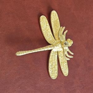 Könnte beinhalten: Ein goldfarbenes dekoratives Hardware-Teil in Form einer Libelle. Die Libelle hat detaillierte Flügel und einen strukturierten Körper. Die Hardware ist für die Montage auf einer Oberfläche konzipiert, mit einem Gewindeloch in der Mitte.