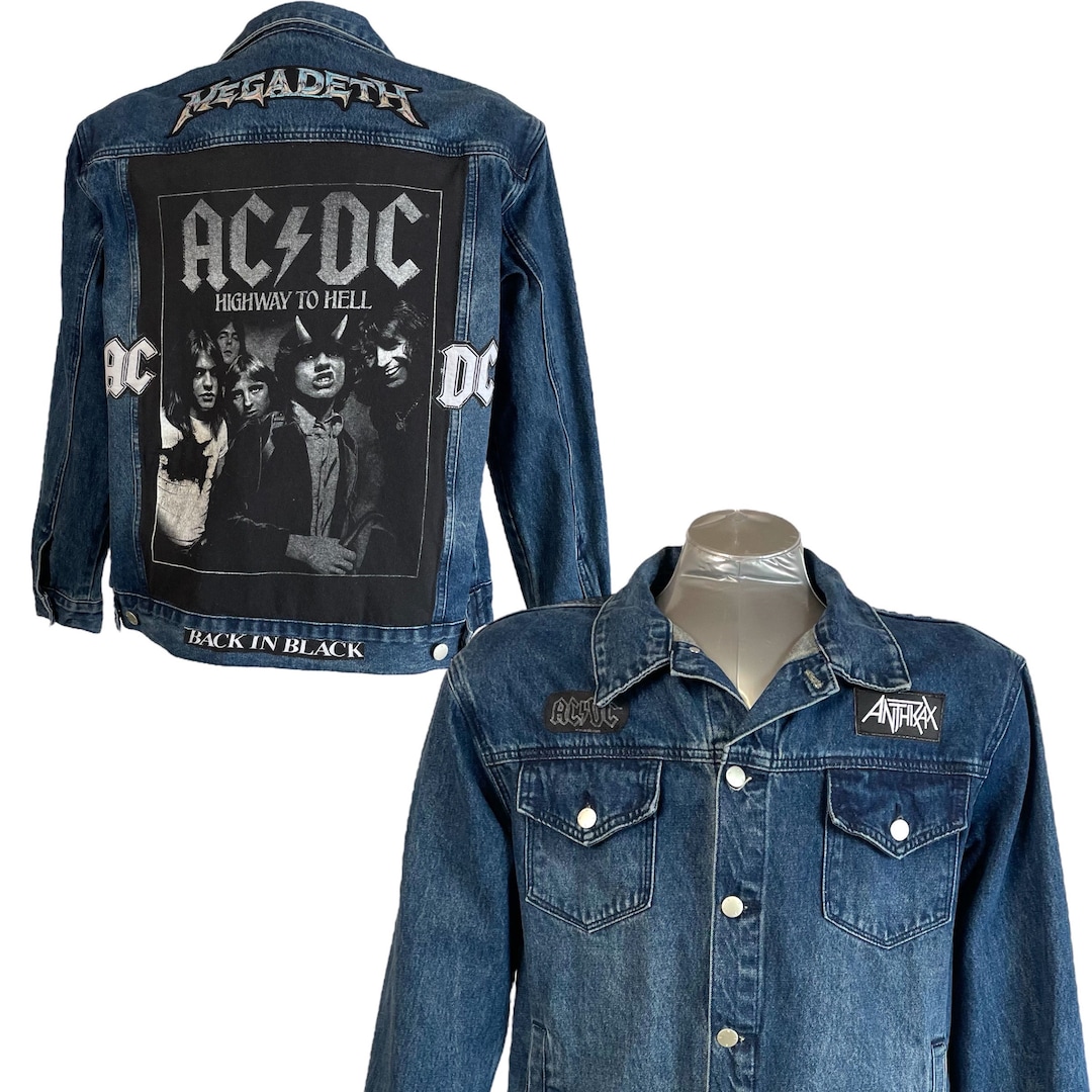 AC/DC X Anthrax X Megadeth Dark-wash Denim Jacket (mens Med/ Womens Lg ...