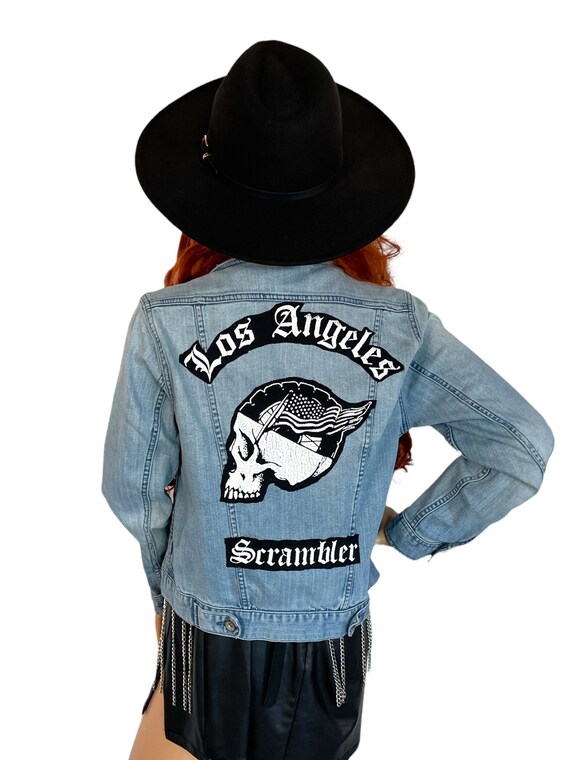 Los Angeles X White Snake Light wash Denim Biker Jacket womens