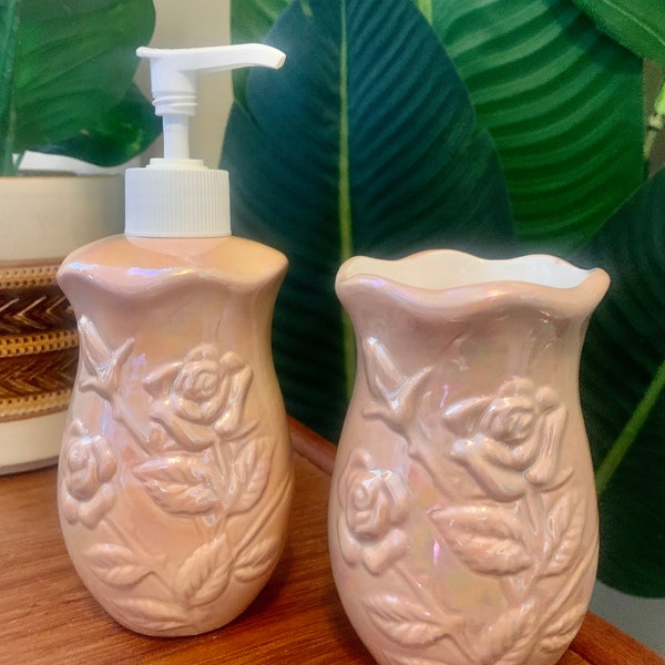 Vintage Art Deco Style Floral Pink Opalescent Glaze Bathroom Soap Dispenser & Toothbrush Holder