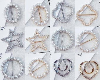 Pearl Metal Slide Ring for Scarf T-Shirt in Gold or Silver | Webbing Slider Buckle Brooch Ring Knot Tri-glide Heart Clover Star Circle Oval