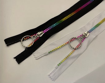 Rainbow Heart #5 Zippers in Black or White | 15cm, 20cm, 30cm, 40cm or 50cm Zip Replacements | DIY Bag, Jacket, Clothing Repair, Craft