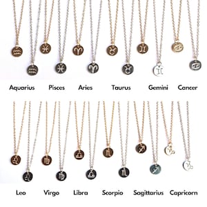 Star Sign Pendant Necklace in Gold or Silver | Astrological Zodiac Horoscope Symbol Medallion | Aries Taurus Gemini Cancer Leo Scorpio etc.
